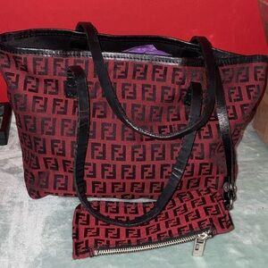 Fendi Red and Black Logo Canvas Tote with Matching Pouch 12X8 inch